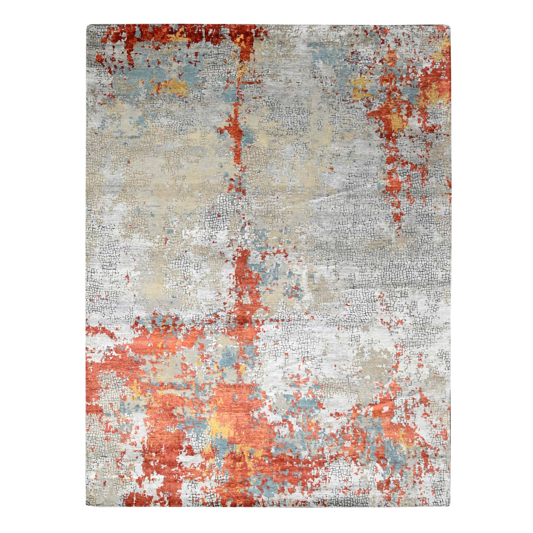 Burnt Orange with Cloud Gray, Abstract with Fire Mosaic Design, Wool and Silk, Hand Knotted, Oriental Rug